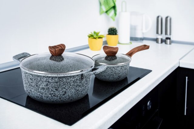 PROMIS Set of pots GRANITE  saucepan 16 cm  pots 20 24 28 brown handles - imagine 6