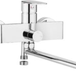 Wall-mounted washbasin and bath mixer with extended spout - hose connection