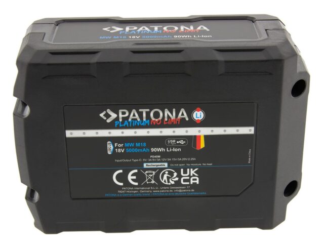 PATONA Platinum 18V Battery for Milwaukee M18 with USB-C port PD45W Black - imagine 6