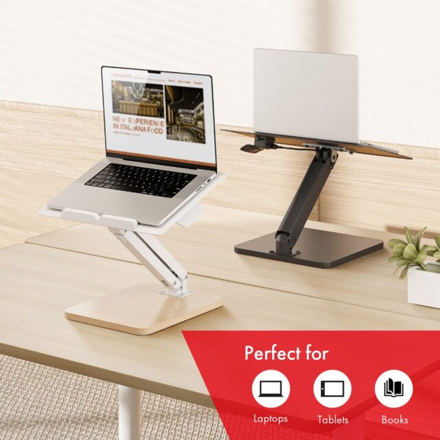 Maclean desk stand for monitor or laptop  gas spring  for standing and sitting work  black  MC-493 - imagine 6