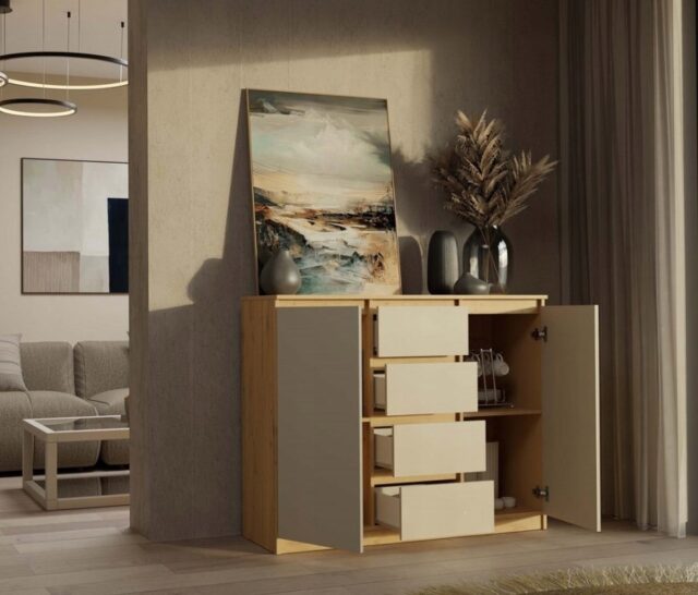 CHEST OF DRAWERS WITH 2 DOORS AND 4 DRAWERS  ARTISAN OAK/CASHMERE COLOUR - imagine 7