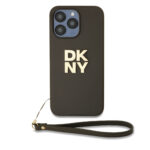 DKNY PU Leather Stack Logo Wrist Strap Zadní Kryt pro iPhone 15 Pro Max Brown