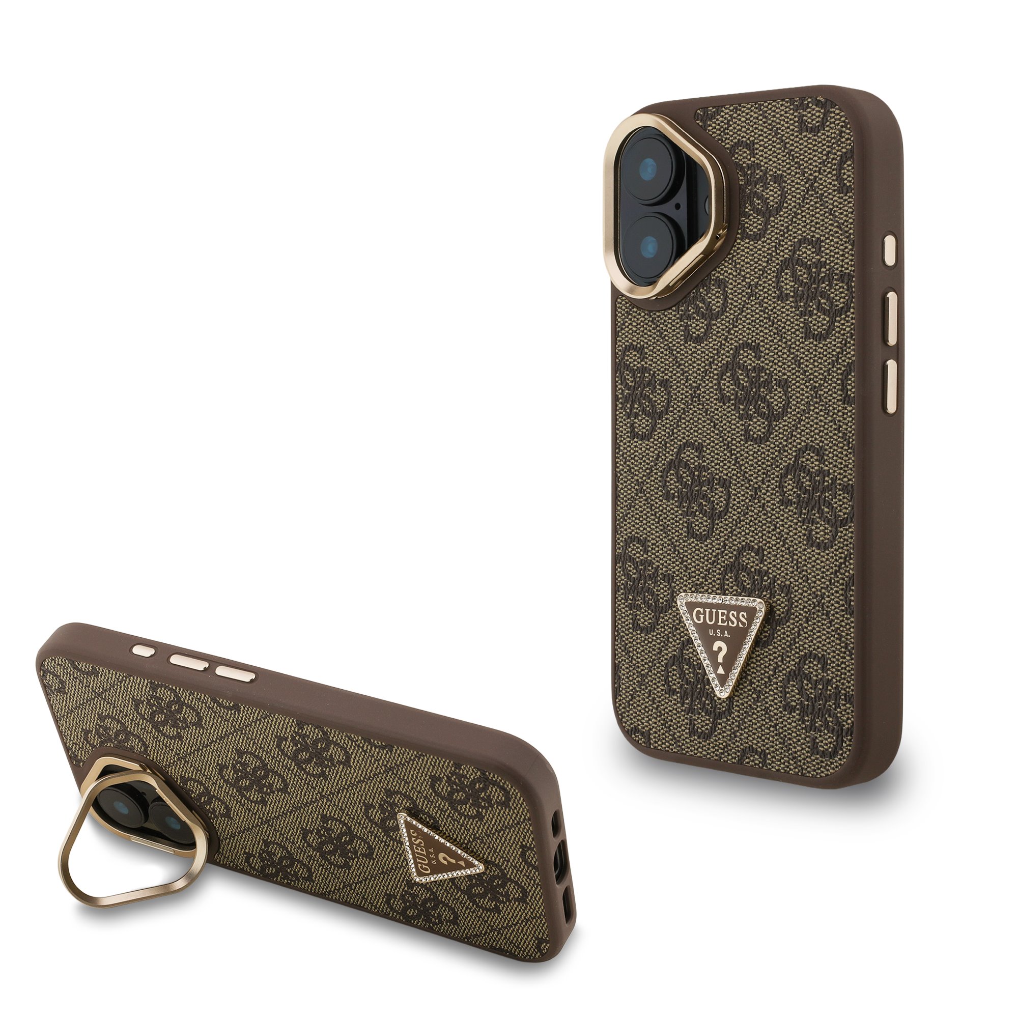 cps-13a531969949eaaacce3a30b1afc6b0a-2026-03-08-10-58-09 Guess PU 4G Strass Triangle Logo Stand Camera Frame MagSafe Zadní Kryt pro iPhone 16 Brown - imagine 1