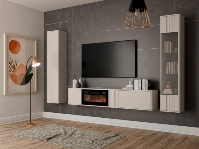 PHILIPPE TV cabinet 190x35.3x30 cashmere matte + small black fireplace - imagine 4