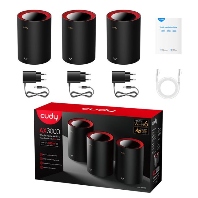 Cudy M3000 3-Pack Dual-band (2.4 GHz / 5 GHz) Wi-Fi 6 (802.11ax) Black  Red 1 Internal - imagine 4