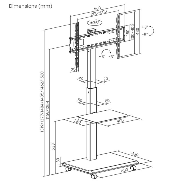 Stand / cart for TV Ergo-Office  max. load 50kg / 5kg shelf  max. VESA 600x400  built-in power strip  black  ER-304 B - imagine 5