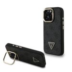 Guess PU 4G Strass Triangle Logo Stand Camera Frame MagSafe Zadní Kryt pro iPhone 16 Pro Black