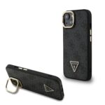Guess PU 4G Strass Triangle Logo Stand Camera Frame MagSafe Zadní Kryt pro iPhone 14 Black