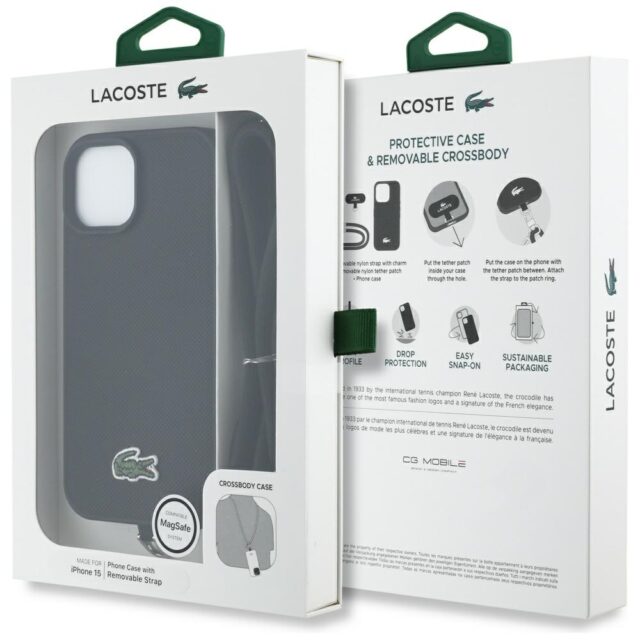 Case Lacoste Iconic Petit Pique Crossbody Cord MagSafe for iPhone 15 black - imagine 9