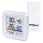 GreenBlue wireless weather station  temperature + humidity IN/OUT  clock + alarm + date  °C / °F selectable  range up to 60m  GB169