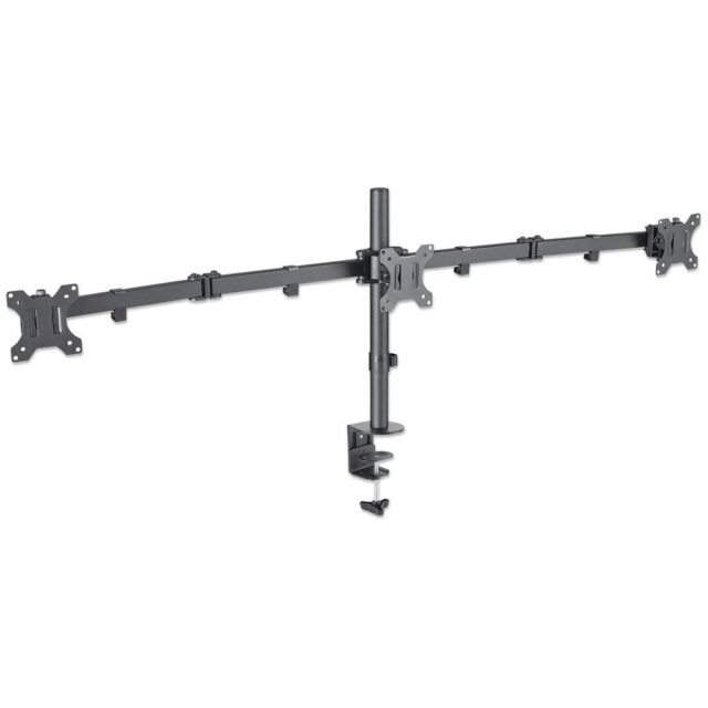 Manhattan TV & Monitor Mount  Desk  Double-Link Arms  3 screens  Screen Sizes: 10-27   Black  Clamp Assembly  Triple Screen  VESA 75x75 to 100x100mm  Max 7kg (each)  Lifetime Warranty - imagine 3