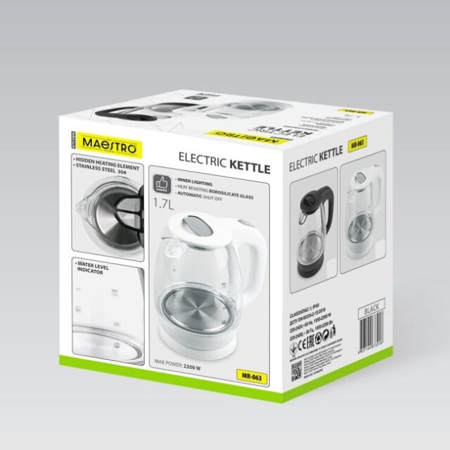 Czajnik elektryczny szklany 1 7L 2200W MR-063-WHITE MAESTRO - imagine 6