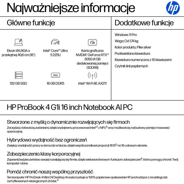 HP ProBook 4 G1i Ultra 5 225U 16''WUXGA 300nits AG 16GB DDR5 5600 SSD512 Arc Cam1080p 56Wh W11Pro Pike Silver Aluminium 3Y OnSite - imagine 4