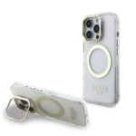 Guess IML Gold Outline Stand Camera Frame MagSafe Zadní Kryt pro iPhone 16 Pro Max Transparent