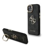 Guess PU 4G Metal Logo Stand Camera Frame Zadní Kryt pro iPhone 13 Black