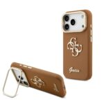 Guess PU Grained 4G Logo Stand Camera Frame Zadní Kryt pro iPhone 17 Pro Brown