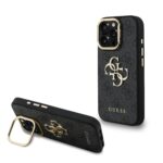 Guess PU 4G Metal Logo Stand Camera Frame Zadní Kryt pro iPhone 15 Pro Black