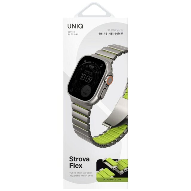 UNIQ Strova Flex Strap for Apple Watch 44/45/46/49mm Silver Lime - imagine 2