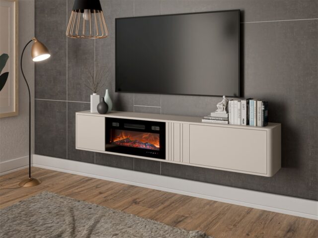 PHILIPPE TV cabinet 190x35.3x30 cashmere matte + small black fireplace - imagine 3