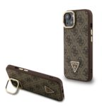 Guess PU 4G Strass Triangle Logo Stand Camera Frame MagSafe Zadní Kryt pro iPhone 13 Brown