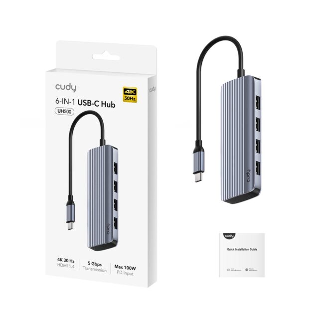 Cudy UH500 interface hub USB 3.2 Gen 1 (3.1 Gen 1) Type-C 5000 Mbit/s Grey  Silver - imagine 4