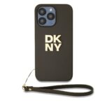 DKNY PU Leather Stack Logo Wrist Strap Zadní Kryt pro iPhone 15 Pro Brown