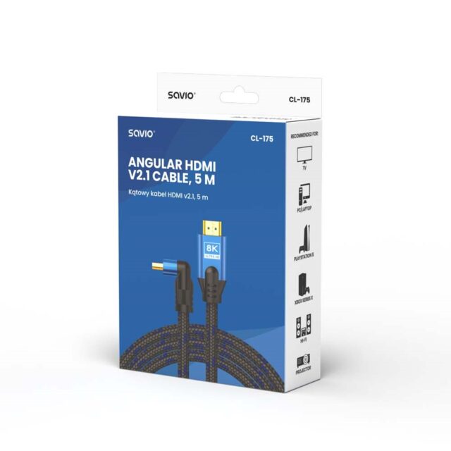 Savio HDMI (M) v2.1 cable  angled  8K  HDR Dynamic  OFC copper  5m  CL-175 - imagine 3