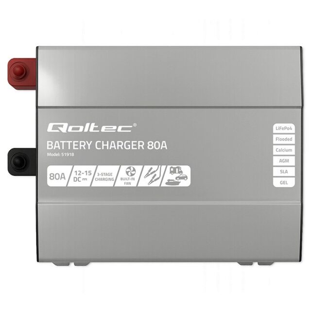 Qoltec Smart Professional Monolith Battery Charger for LiFePO4 AGM GEL SLA batteries | 80A | 12V | Fast charging - imagine 4