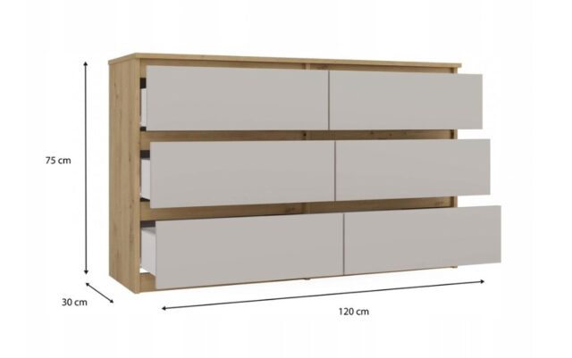 M6 MALWA CHEST OF DRAWERS 120CM 6 DRAWERS COLOUR ARTISAN OAK/CASHMERE - imagine 5