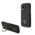 Guess PU 4G Strass Triangle Logo Stand Camera Frame MagSafe Zadní Kryt pro iPhone 16 Black
