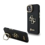 Guess PU Grained 4G Logo Stand Camera Frame Zadní Kryt pro iPhone 15 Black