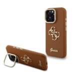 Guess PU Grained 4G Logo Stand Camera Frame Zadní Kryt pro iPhone 16 Pro Brown