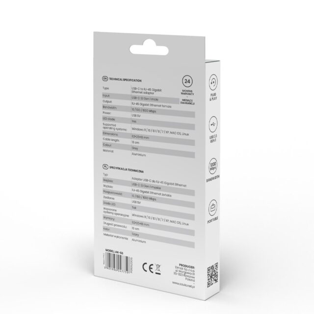 SAVIO Adapter USB-C 3.1 Gen.1 (M) to RJ-45 Gigabit Ethernet (F)  1000 Mbps  AK-56  grey - imagine 2