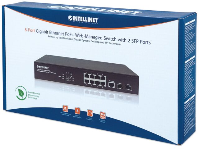 Intellinet 8-Port Gigabit Ethernet PoE+ Web-Managed Switch with 2 SFP Ports  IEEE 802.3at/af Power over Ethernet (PoE+/PoE) Compliant  140 W  Endspan  Desktop  19  Rackmount  Box - imagine 8