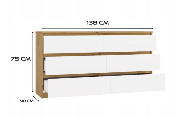 M6 MALWA CHEST OF DRAWERS 140 CM 6 DRAWERS OAK ARTISAN/WHITE - imagine 8