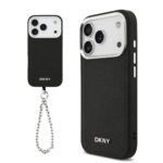 DKNY PU Leather Metal Logo Wrist Chain MagSafe Zadní Kryt pro iPhone 17 Pro Black
