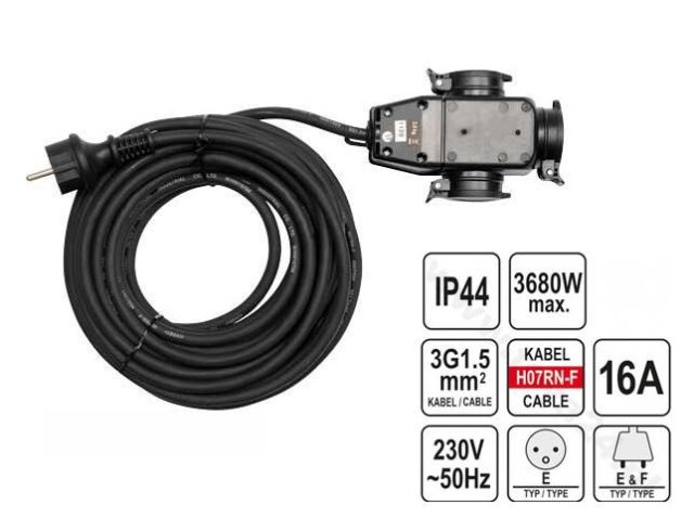 Yato YT-81162 power extension 20 m 3 AC outlet(s) Indoor/outdoor Black - imagine 2